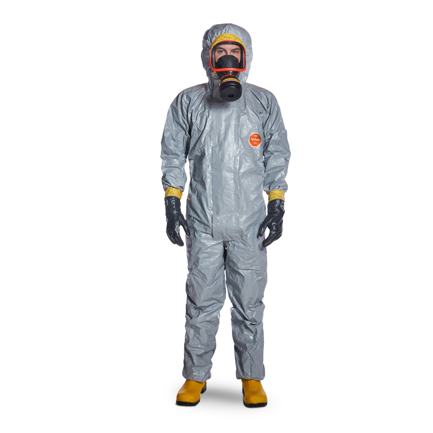 Tyvek DuPont™ Tychem® 6000 F Hooded coverall. Stitched and over-taped seams. Double cuffs. Knitted inner cuffs