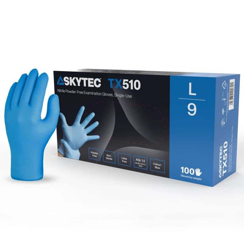 Skytec Skytec TX510 Thin Blue Powder-Free Chemical-Resistant Disposable Nitrile Gloves (Box of 100)